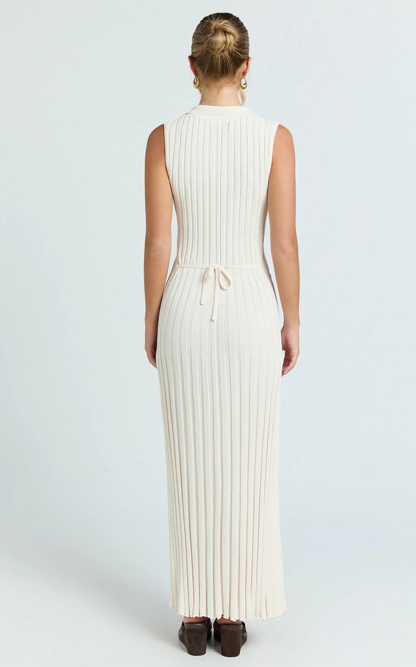 Kara Maxi Dress - Sleeveless Collared V Neck Knit Dress in Cream
