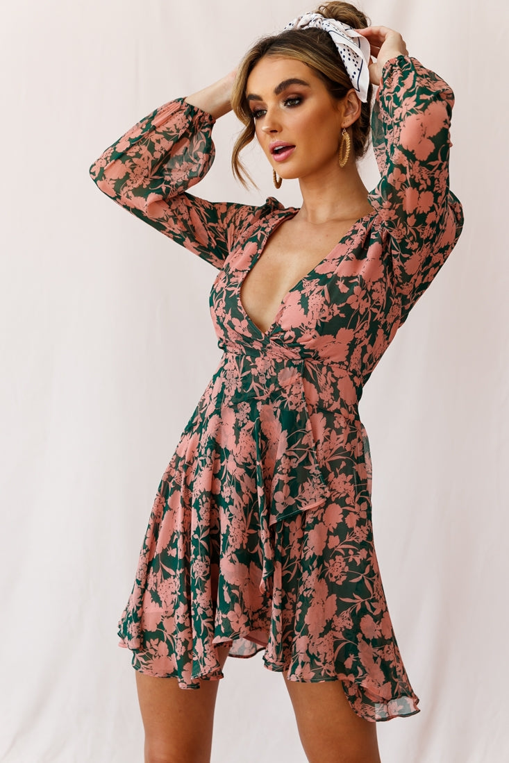 Wisteria Lane Long Sleeve Tea Dress Forest Green