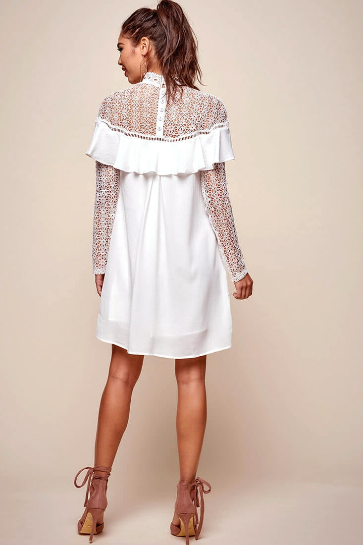 Mendes Lace Detailed High Neck Long Sleeved Dress White