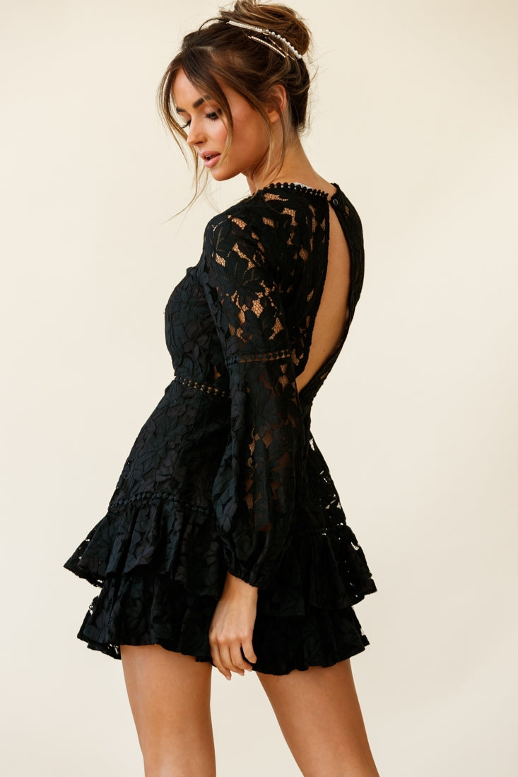 Henrietta Lace Overlay Long Sleeve Ruffle Dress Black
