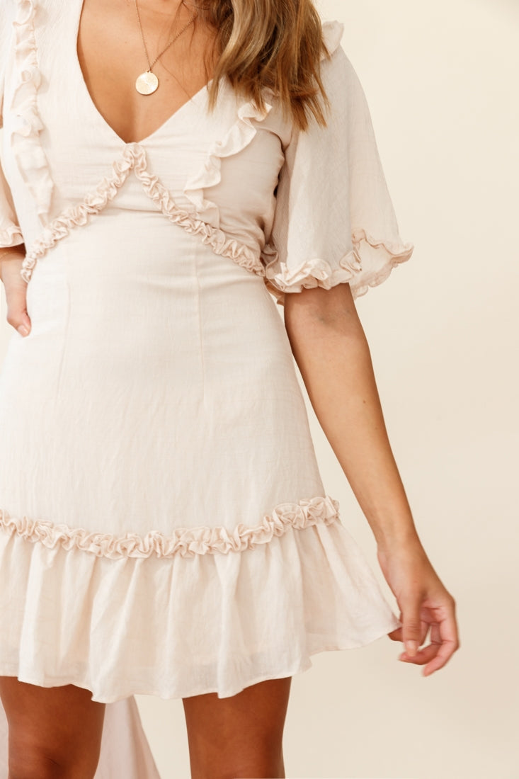 Halo V-Neckline Frill Detail Dress Nude