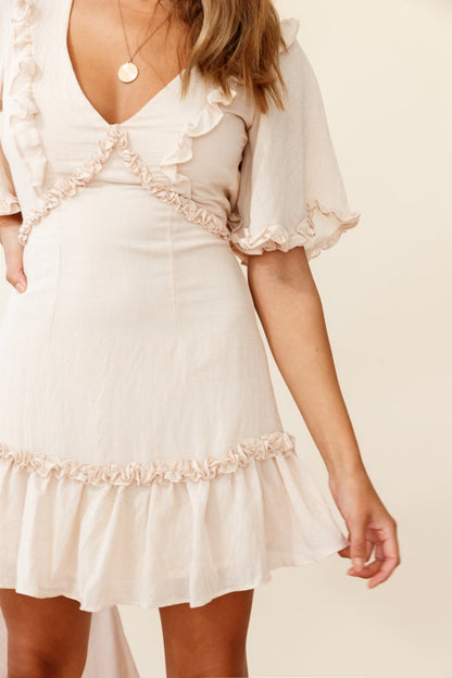 Halo V-Neckline Frill Detail Dress Nude