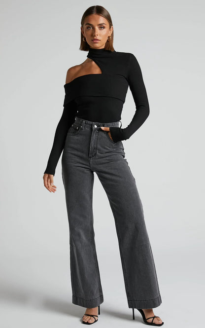 Kiefer Top - Asymmetric Long Sleeve Cutout Top in Black