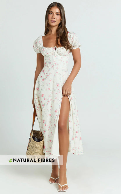 Imani Midi Dress - Puff Sleeve Square Neck Circle Skirt Dress in Cream