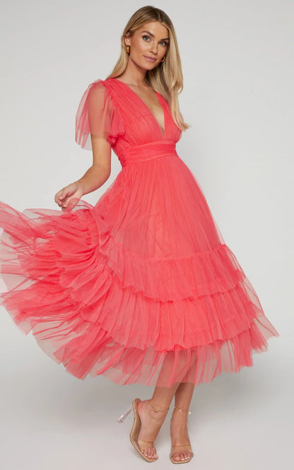 Jiraye Midi Dress - Flutter Sleeve Tuelle Plunge Dress in Coral