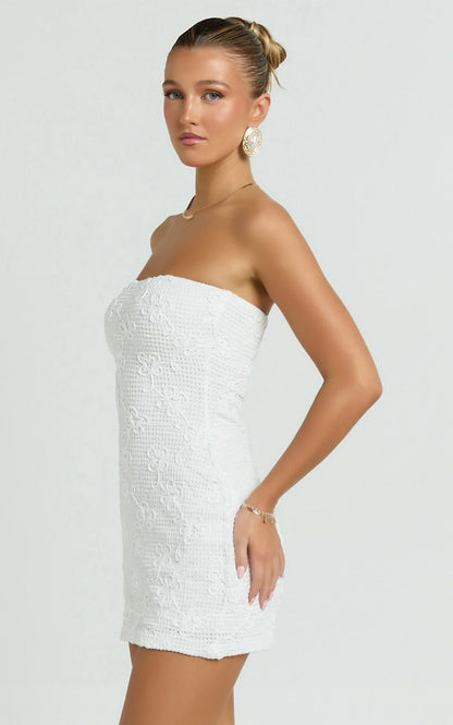 Inka Mini Dress - Strapless Fitted Jersey Dress in White