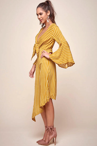 Jaedyn Waist Tie Bell Sleeve Dress Mustard