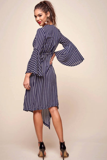 Jaedyn Waist Tie Bell Sleeve Dress Navy