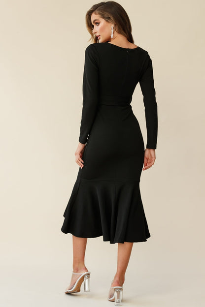 Sorry Not Sorry Long Sleeve Flounce Midi Dress Black