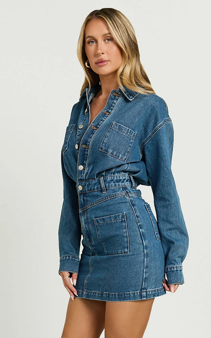 Kamala Mini Dress - Long Sleeve Button Through Denim Dress in Dark Blue Wash