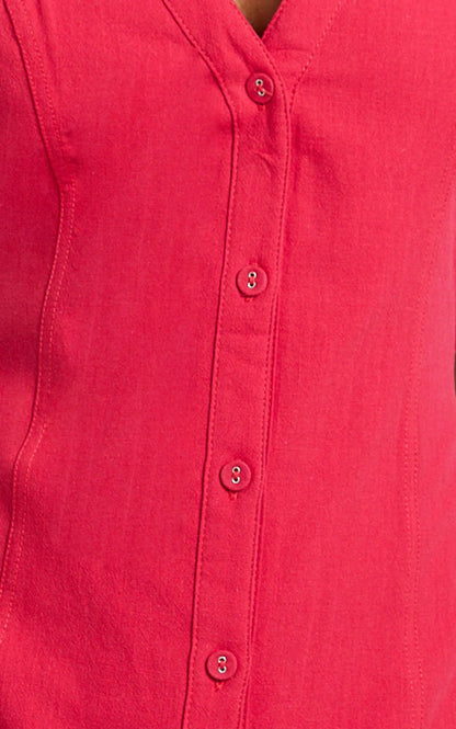 Juliet Midi Dress - Button Through V Neck Dress in Red
