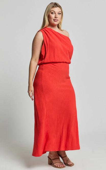Jacqueline Midi Dress - Linen One Shoulder Dress in Sunset
