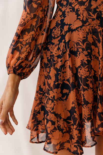Wisteria Lane Long Sleeve Tea Dress Floral Print Navy