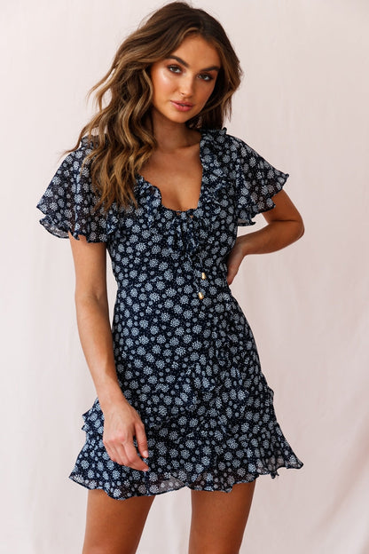 Kalina Ruffle Neckline Flutter Sleeve Mini Dress Dot Print Navy/White