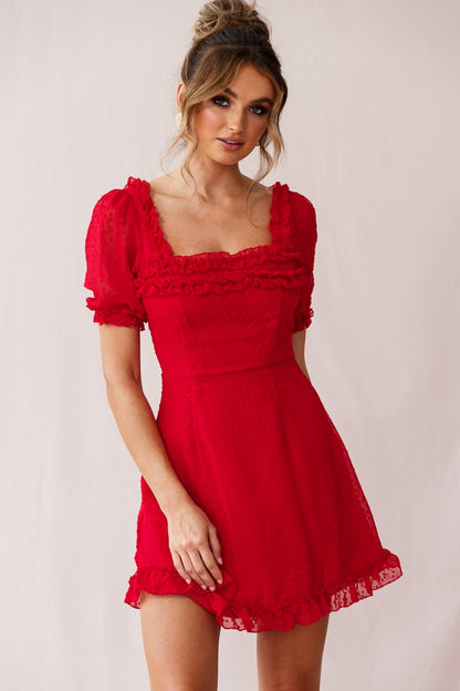 Lara Puff Sleeve Frill Dress Red