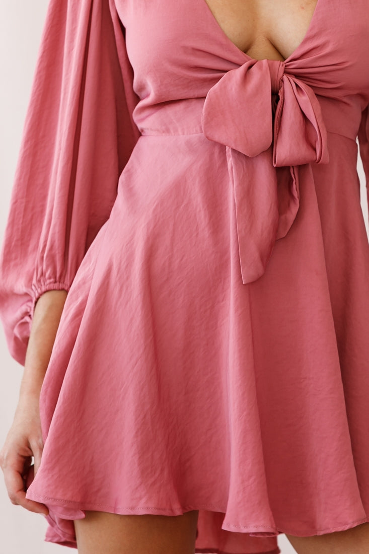Madison Bow Tie Bust Balloon Sleeve Dress Rose