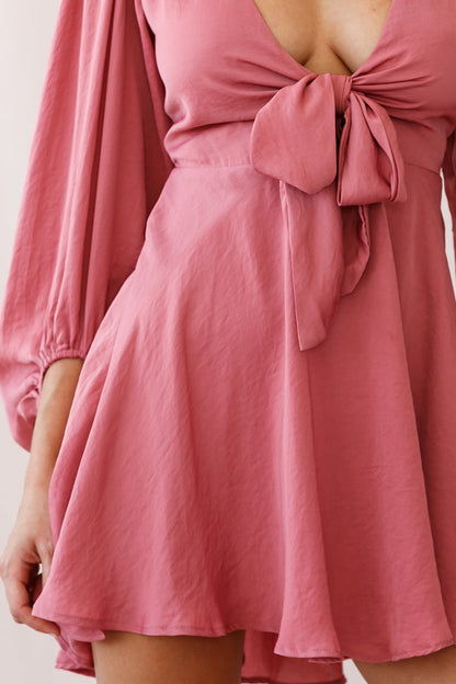 Madison Bow Tie Bust Balloon Sleeve Dress Rose