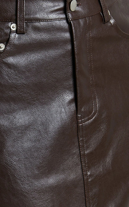 Jules Midi Skirt - Faux Leather High Waisted Front Split Midi Skirt in Chocolate