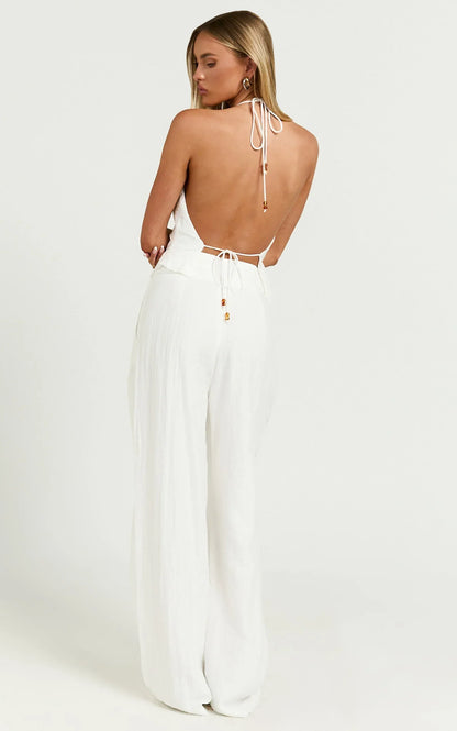 Hilda Top - Cowl Neck Beaded Linen Look Scarf Top in White