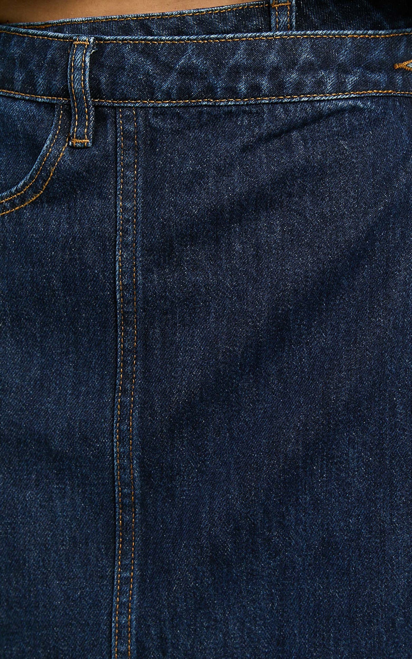 Katherine Mini Skirt - Cross Front Recycled Denim Skirt in Dark Blue Wash