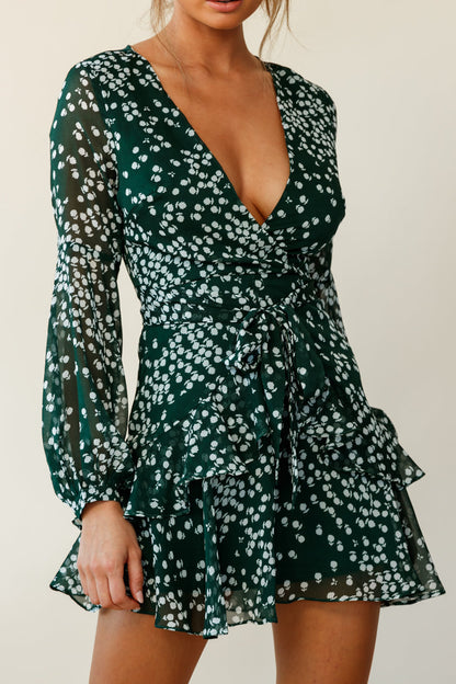 Kerry Layered Balloon Sleeve Dress Flower Print Forest Green