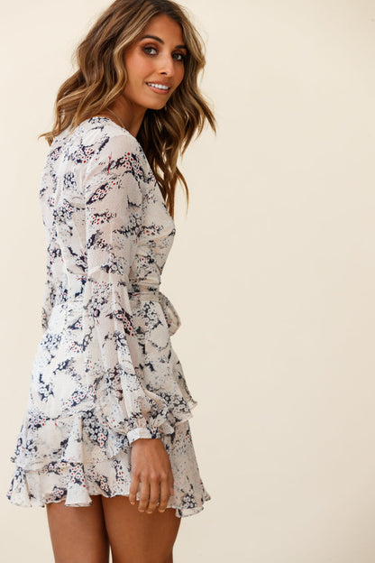 Kerry Layered Balloon Sleeve Dress Flower Pattern Beige