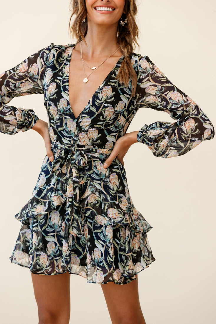Kerry Layered Balloon Sleeve Dress Banksia Print Black