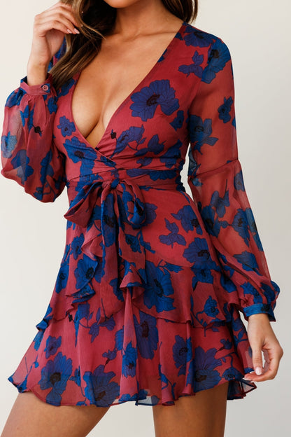 Kerry Layered Balloon Sleeve Dress Floral Print Rose