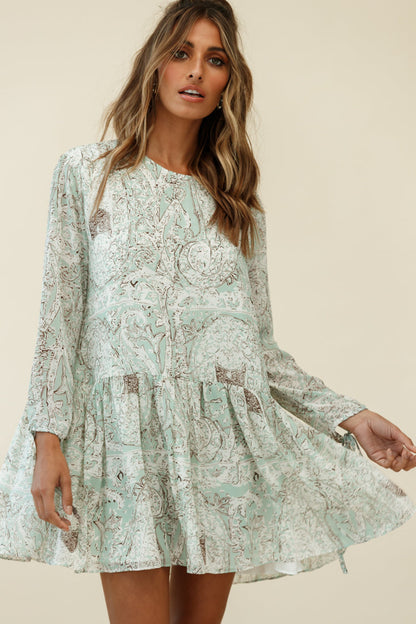 Mina Long Sleeve Button Back Shift Dress Ornate Print Green
