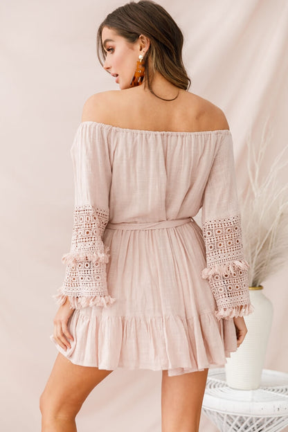 Mona Off-Shoulder Embellished Sleeve Dress Mocha