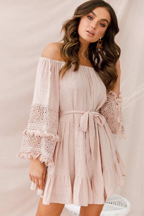 Mona Off-Shoulder Embellished Sleeve Dress Mocha
