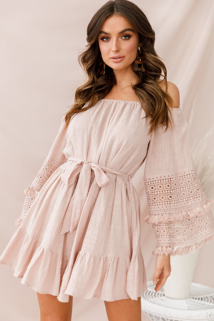Mona Off-Shoulder Embellished Sleeve Dress Mocha