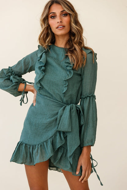 Tila Long Balloon Sleeve Wrap Front Dress Khaki