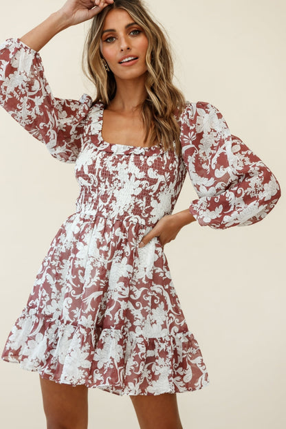 Athaliah Shirred Bust Balloon Sleeve Dress Ornate Print Maroon