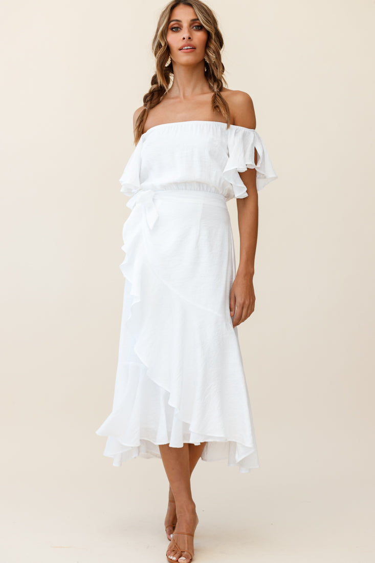 Bettina Bardot Neckline Faux-Wrap Midi Dress White