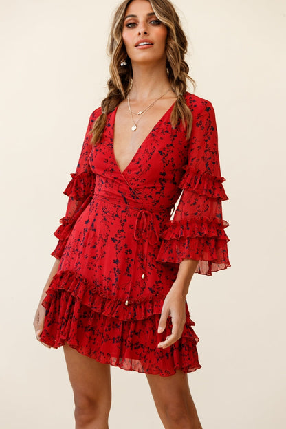Erica Bell Sleeve Accordion Pleat Dress Floral Print Red