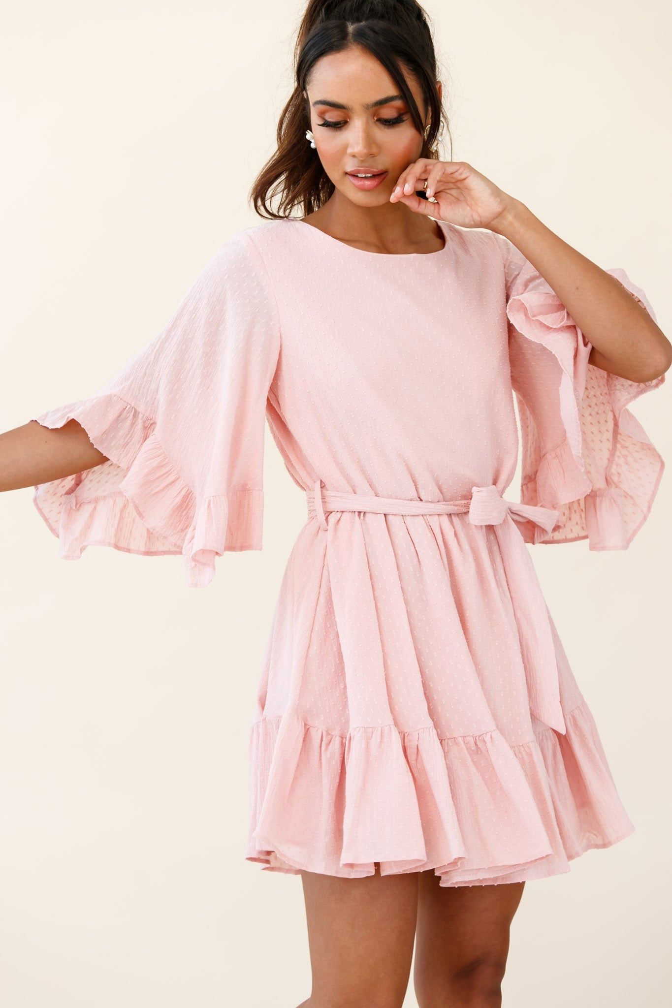 Joni Batwing Sleeve Waist Tie Dress Pink
