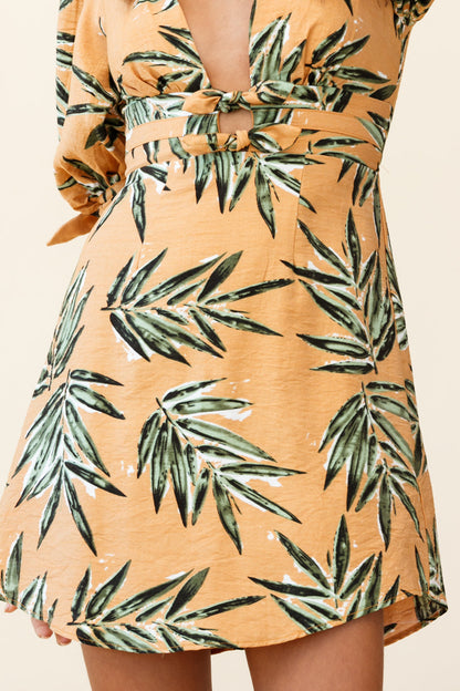 Camarillo Puff Sleeve Bow Detail Dress Leaf Print Sunset