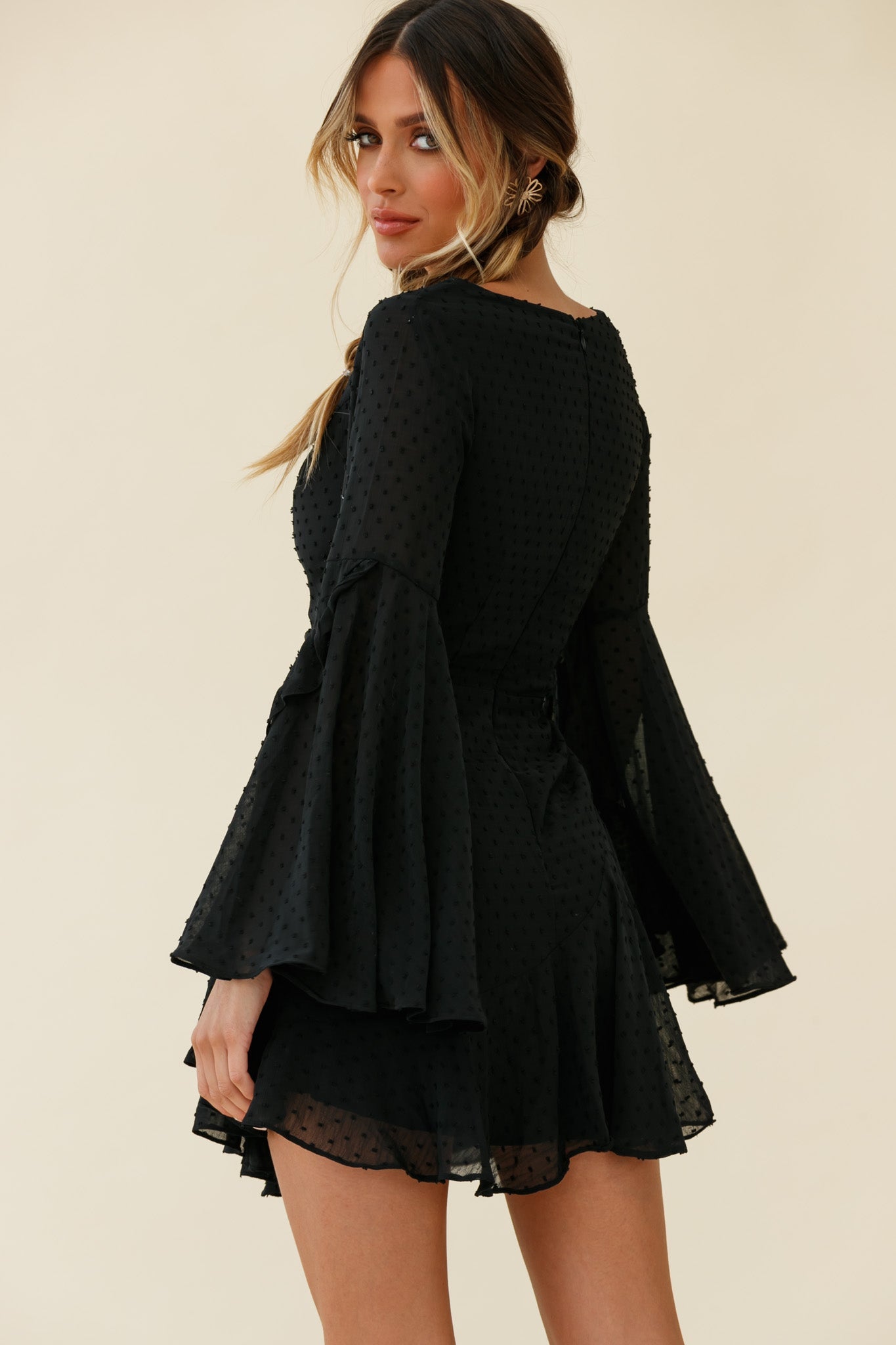 Carlini Flared Sleeve Boat Neckline Dress Black