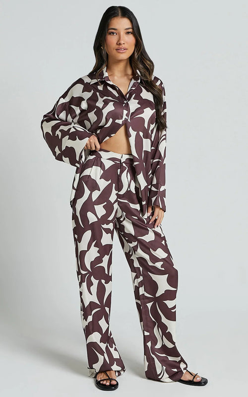 Janissa Pants - High Waisted Wide Leg Pants in Brown Floral
