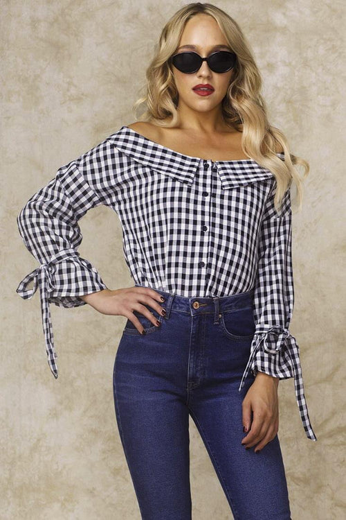 Clarke Off the Shoulder Checkered Dress Shirt Navy