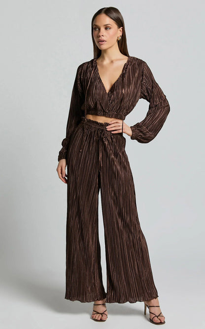 Kallie Pants - High Waist Drawstring Plisse Pants in Chocolate