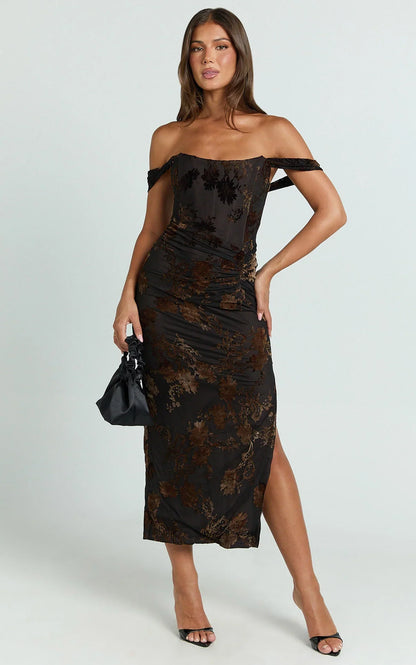 Karlene Midi Dress - Ruched Corset Burnout Dress in Black and Brown