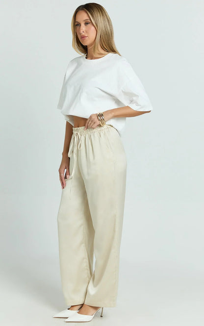 Jinky Pants - Satin Drawstring Pants in Off White