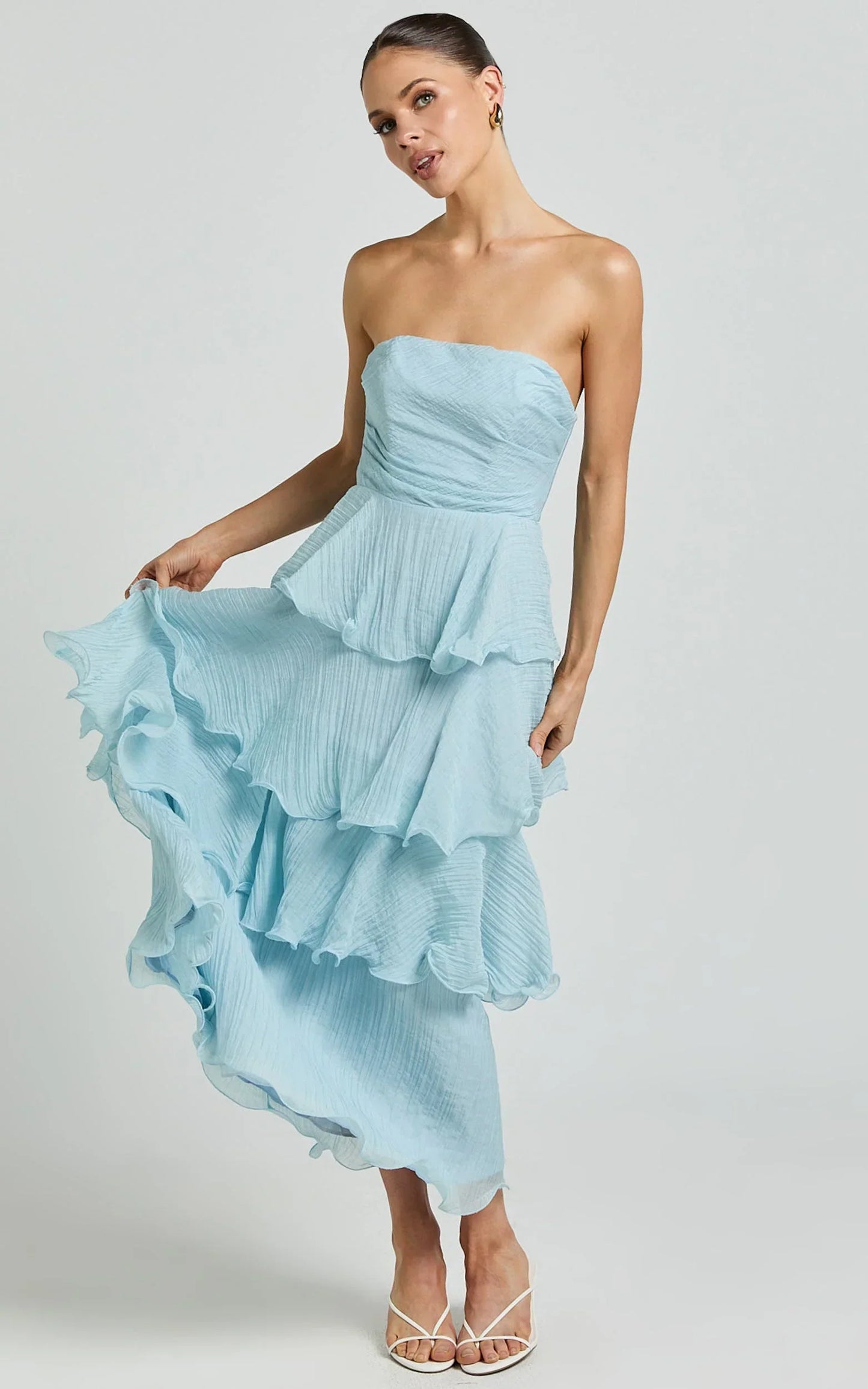 Jaiden Midi Dress - Strappless Layered Dress in Blue