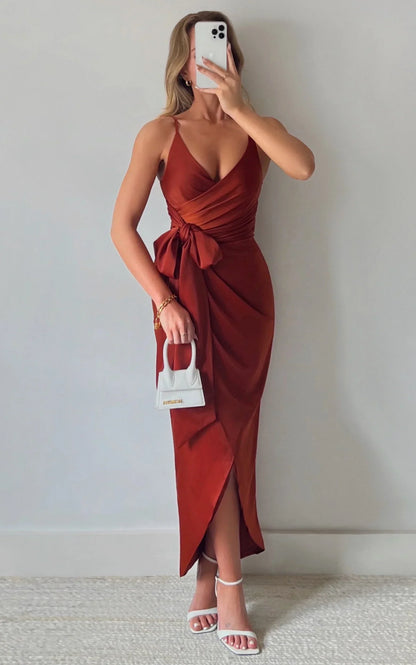 How Will I Know Midi Dress - Wrap Waist Tie Tulip Hem Dress in Copper