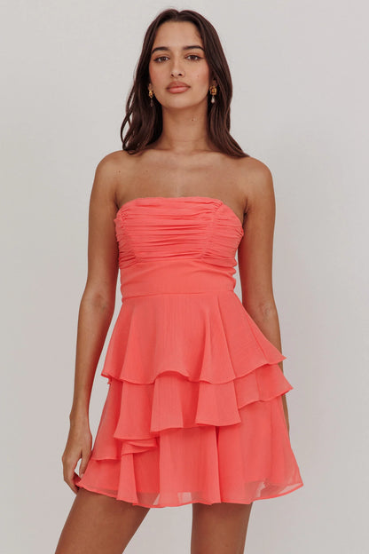 Veda Strapless Ruffle Mini Dress Peach