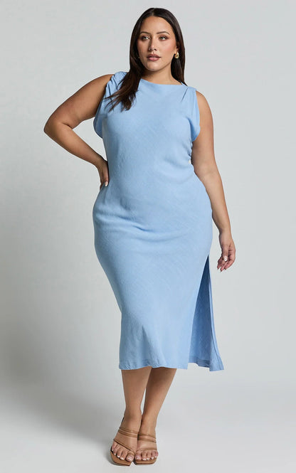 Jessenia Midi Dress - Linen High Neck Dress in Blue