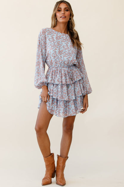Odessa Long Sleeve Layered Ruffle Dress Floral Print Blue