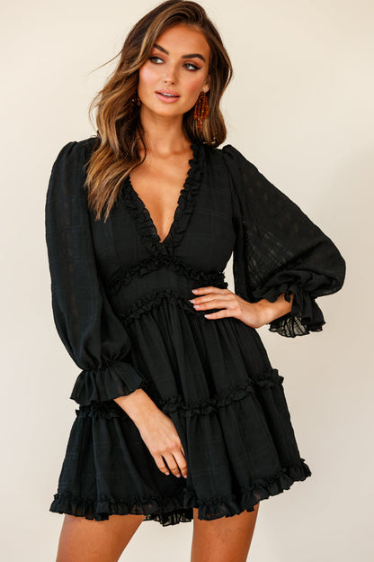 Laney Cutout Back Balloon Sleeve Dress Black